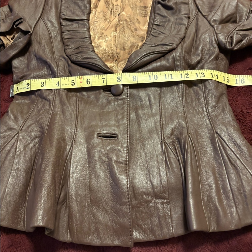Arden B Brown Vintage Leather Fitted Waist Blazer Top with Ruffled Collar. - Picture 13 of 16